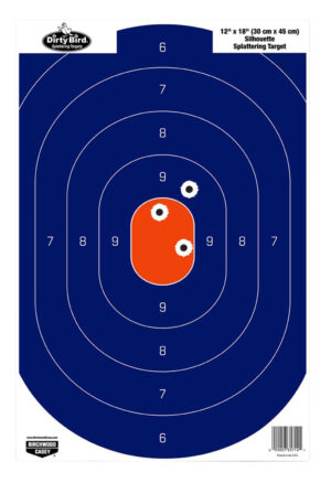 Birchwood Casey 35720 Dirty Bird Silhouette Tagboard Hanging Pistol 12" x 18" Blue/Orange White Impact Splatter 50 Per Pkg