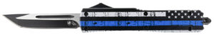 Templar Knife MBTB231 Gen II Back The Blue Slim 3.43" OTF Tanto Plain Black Oxide Stonewashed 440C SS Blade, 5.05" 4.31" Black & White w/Blue Line Aluminum Handle, Glass Breaker