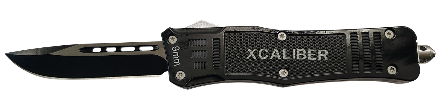 Xcaliber Knife Company 9mm Large 3.80" OTF Drop Point Black 440C SS Blade, 5.30" Steel Handle