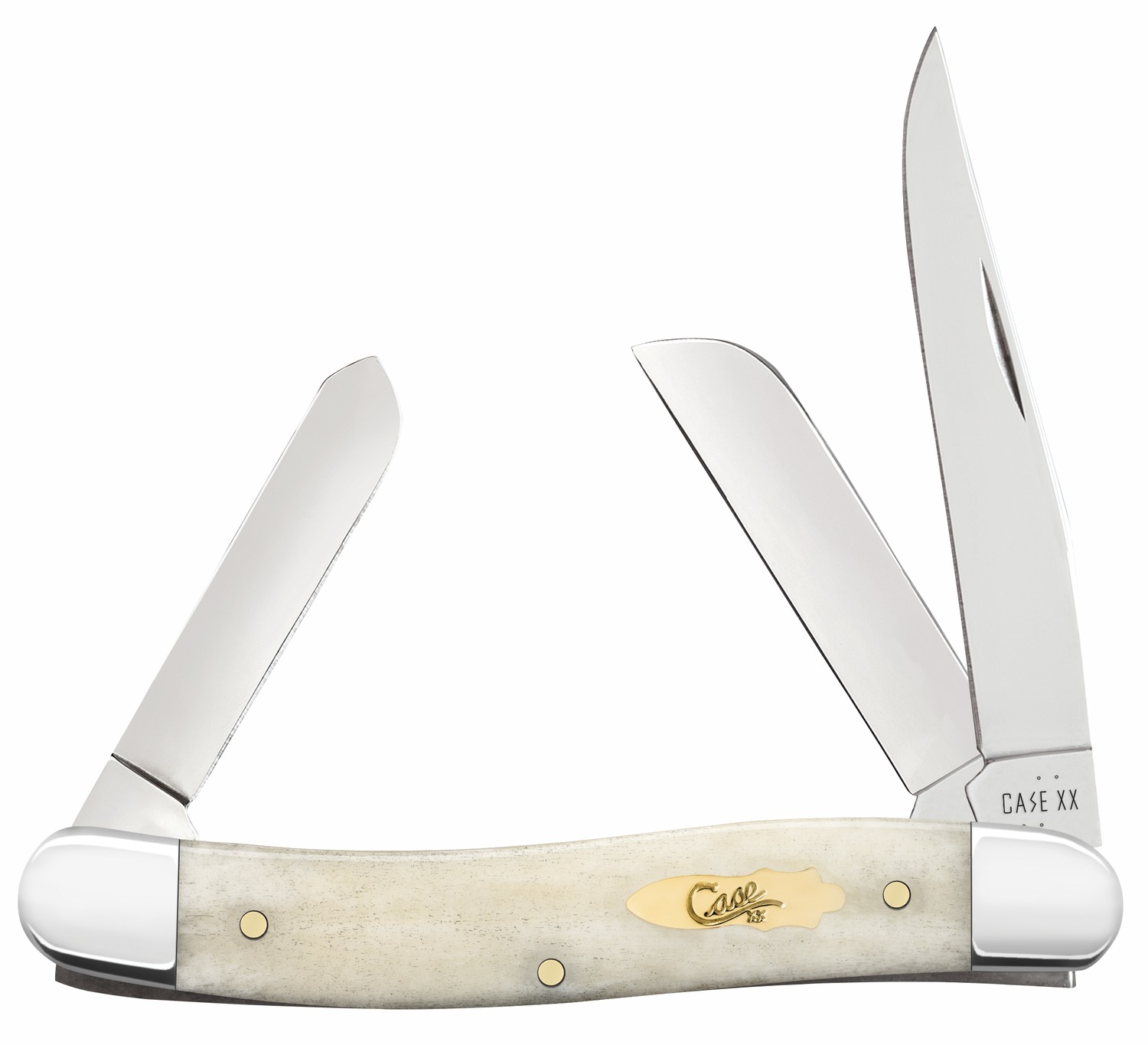 Case 11021 Stockman Medium Folding Clip Point/Pen/Sheepsfoot Plain Carbon Steel Blade, Smooth Natural Bone Handle