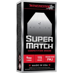 Winchester Super Match Handgun Ammunition 9mm Luger 115gr FMJ 1215fps 50/ct
